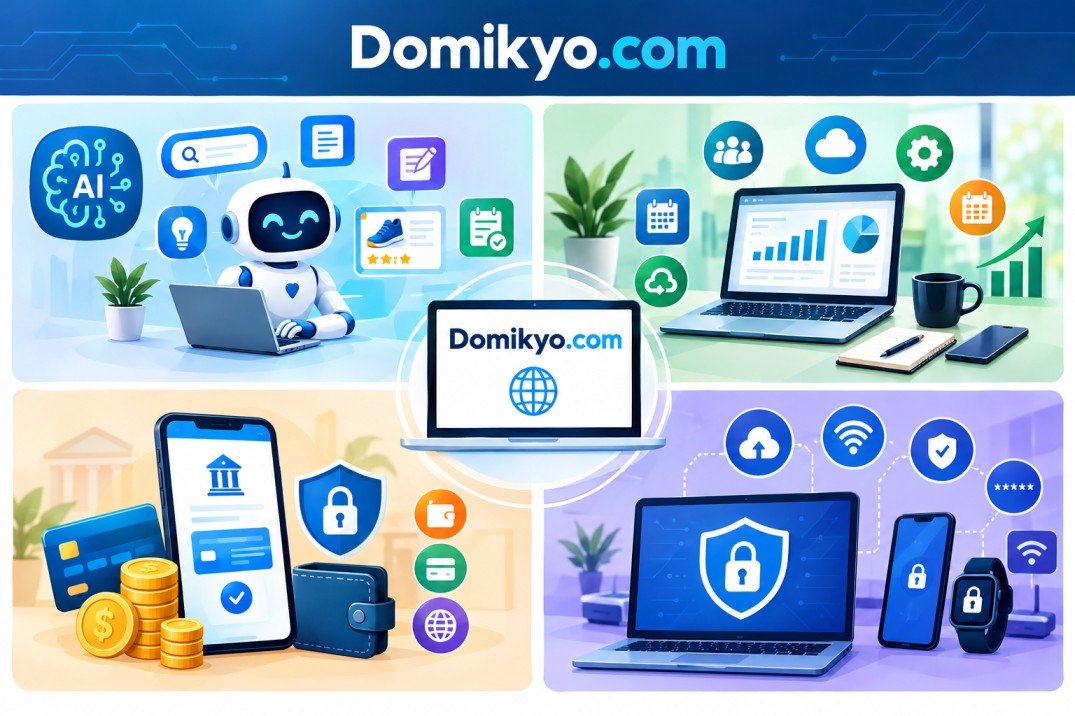 Domikyo.com digital trends infographic featuring artificial intelligence, business productivity tools, online financial services, and cybersecurity, illustrated with a robot, laptops, digital payments, and security icons in four colorful panels.