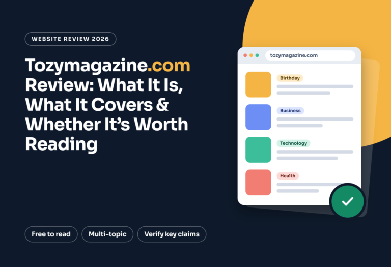 Tozymagazine.com review featured image showing website categories and a trust check badge