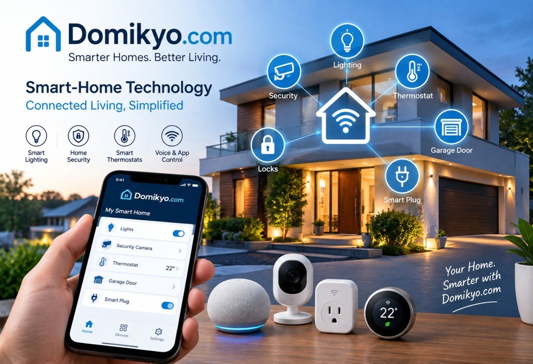Domikyo.com smart-home technology featuring a modern connected home, smart lighting, home security cameras, smart locks, thermostats, voice control, and smartphone app automation for convenient and secure living.