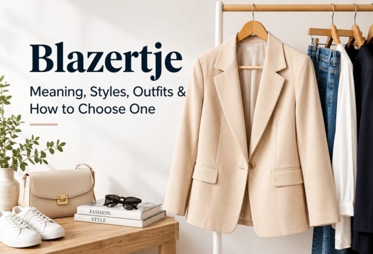 Blazertje: Meaning, Styles, Outfits & How to Choose One Beige blazertje on a clothing rack with a handbag, white sneakers, and denim, illustrating blazer styles, outfits, and fashion essentials.
